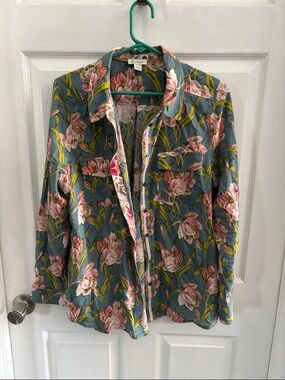 Sundance Floral Button-Up Shirt in Teal with Pink Flowers large